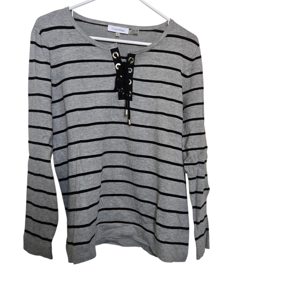 Calvin Klein Black and Gray Striped Lace-Up Top Size Large